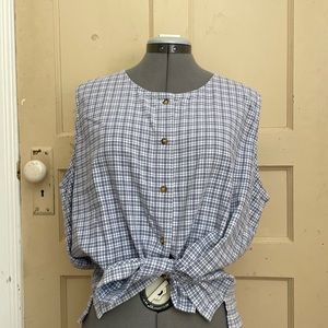 Vintage 100% Cotton Tattersall Plaid Sleeveless Vest Blouse w/ Tortoise buttons